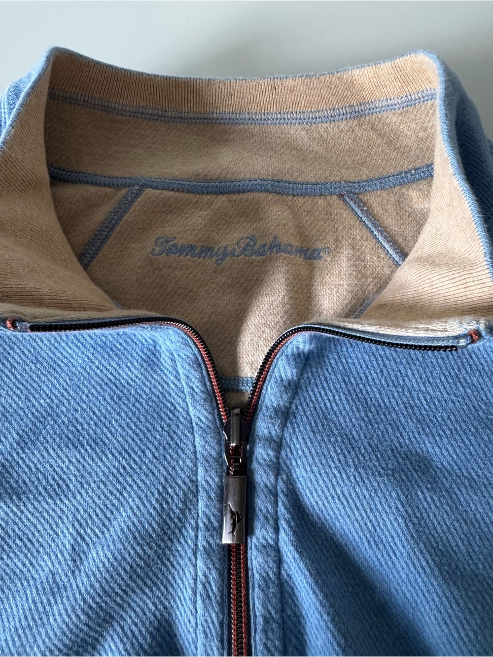 Tommy Bahama Men's Light Blue and Beige “Flipside” Reversible Zip SweaterXXL